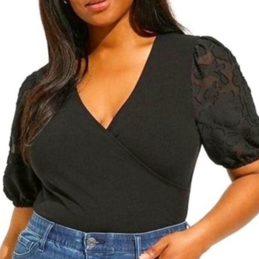 Torrid Black Sheer Sleeve Wrap Blouse